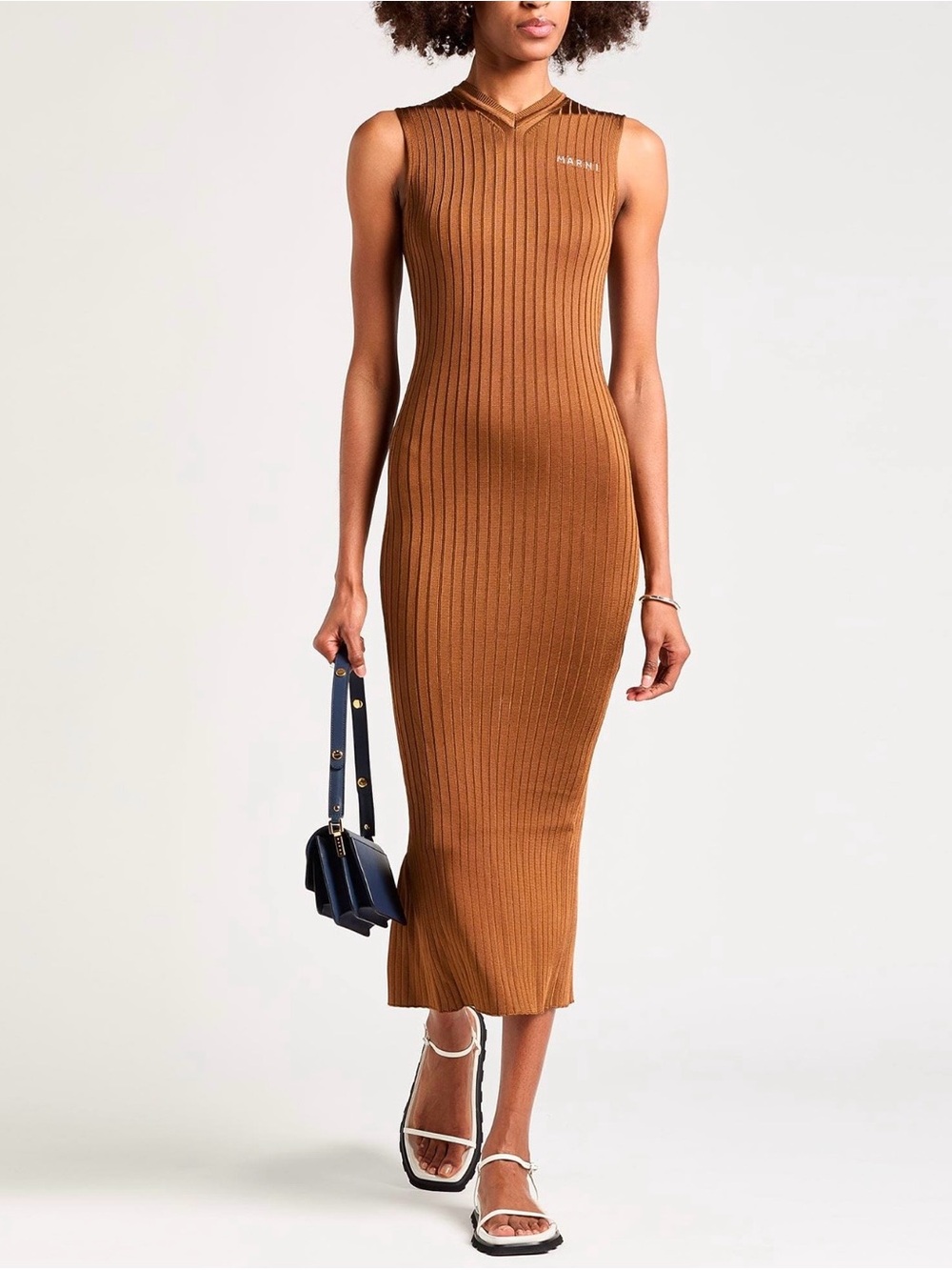 Marni Ribbed Sleeveless Midi Dress in Burnt Orange